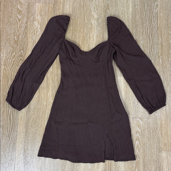 Aritzia Wilfred Novella Long Puff Sleeve Mini Dress Chocolate Mocha Brown size 4 - Picture 5 of 15